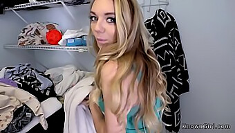 Young busty girl engages in sexual activity while doing laundry