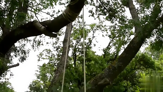 Dziewczyna z dużymi piersiami bawi się na zewnątrz w ogrodzie.