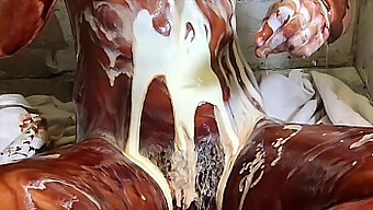 Chocolate-Skinned Babe Gets Creamed And Dripping In Kitchen