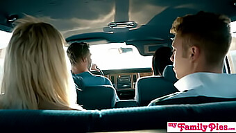 Chloe Couture, a stunning blonde with fair skin, engages in a passionate encounter with her step brother in the back seat of a car during a family vacation. This steamy video features girl-girl-boy action, with Chloe's shaved and petite pussy being the center of attention. The scene culminates in a satisfying orgasm for both parties involved.