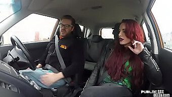 British Redhead Gives Public Blowjob To Driving Instructor